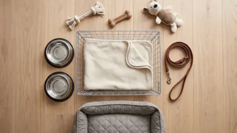 A soft puppy collar and a lightweight lead laid out among new puppy essentials