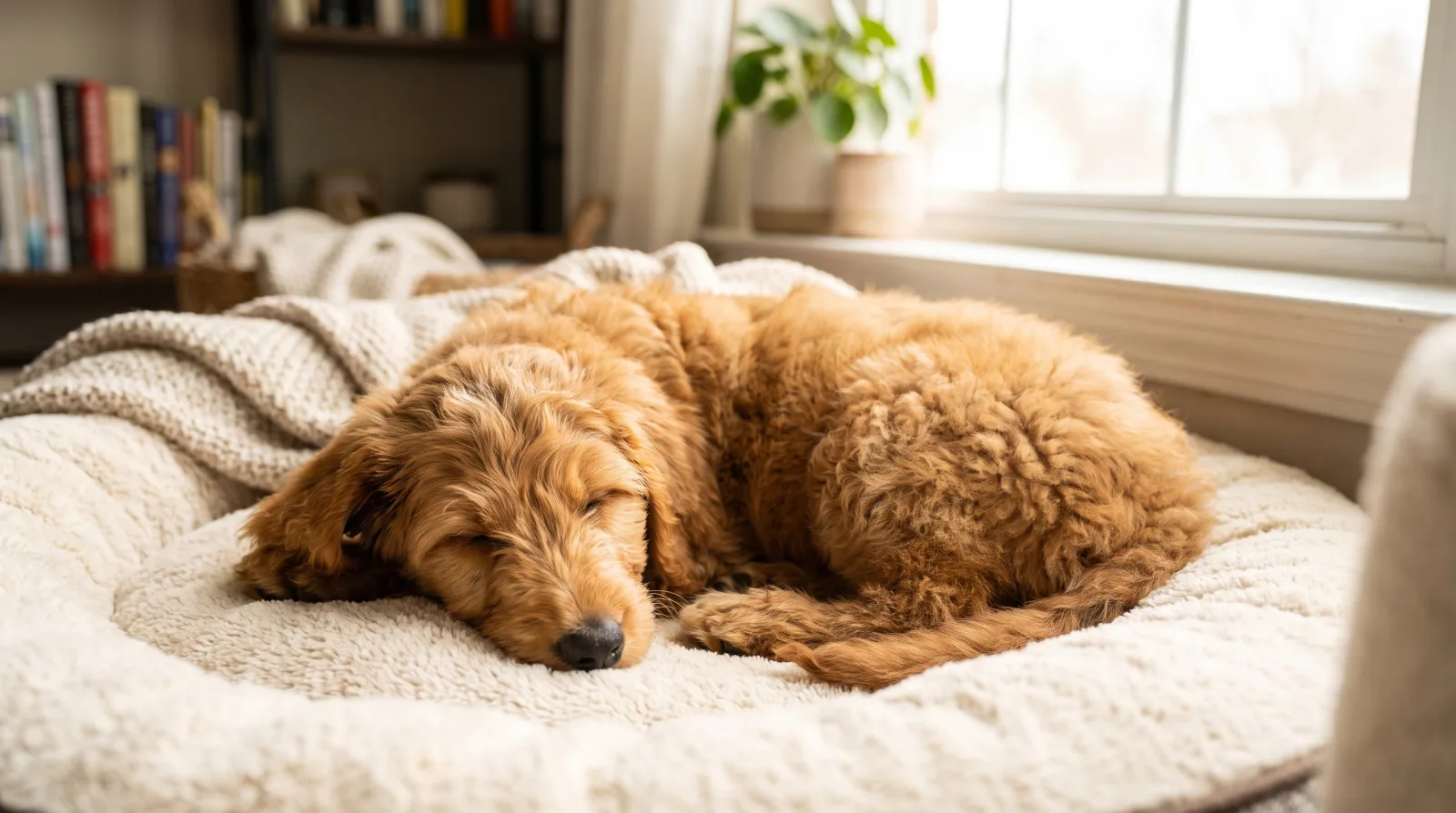 A calm puppy resting on a soft bed in a quiet living room in warm natural light
