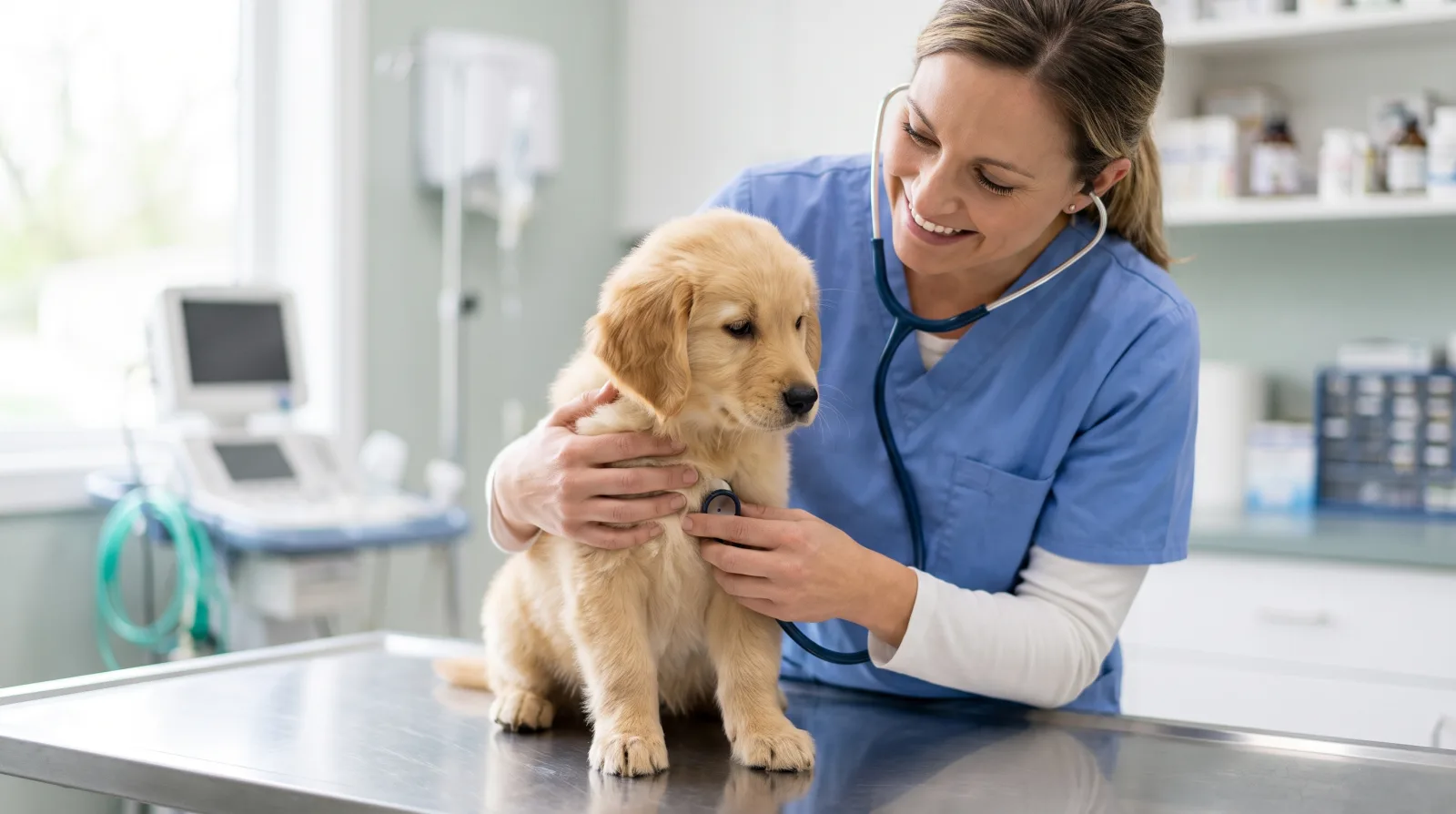 A vet gently examining a young puppy on a clinic table