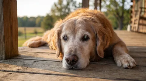 A grey-muzzled senior dog resting outdoors in warm afternoon light, calm and alert