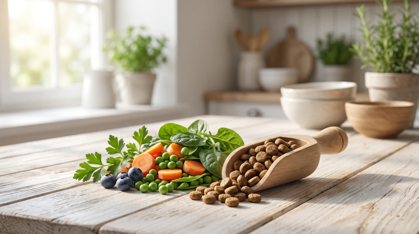 Fresh vegetables, herbs and blueberries beside a wooden scoop of natural dog kibble on a pale kitchen table
