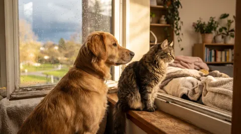 A dog and a cat looking out of a window across four panels showing spring, summer, autumn and winter