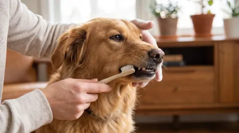 A dog having its teeth brushed with a pet toothbrush, gums and teeth visible close up