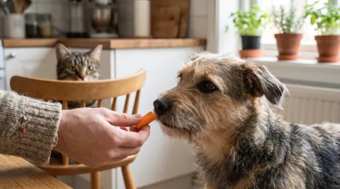 A hand offering a small piece of carrot to an attentive small dog in a kitchen, a cat watching from a nearby chair