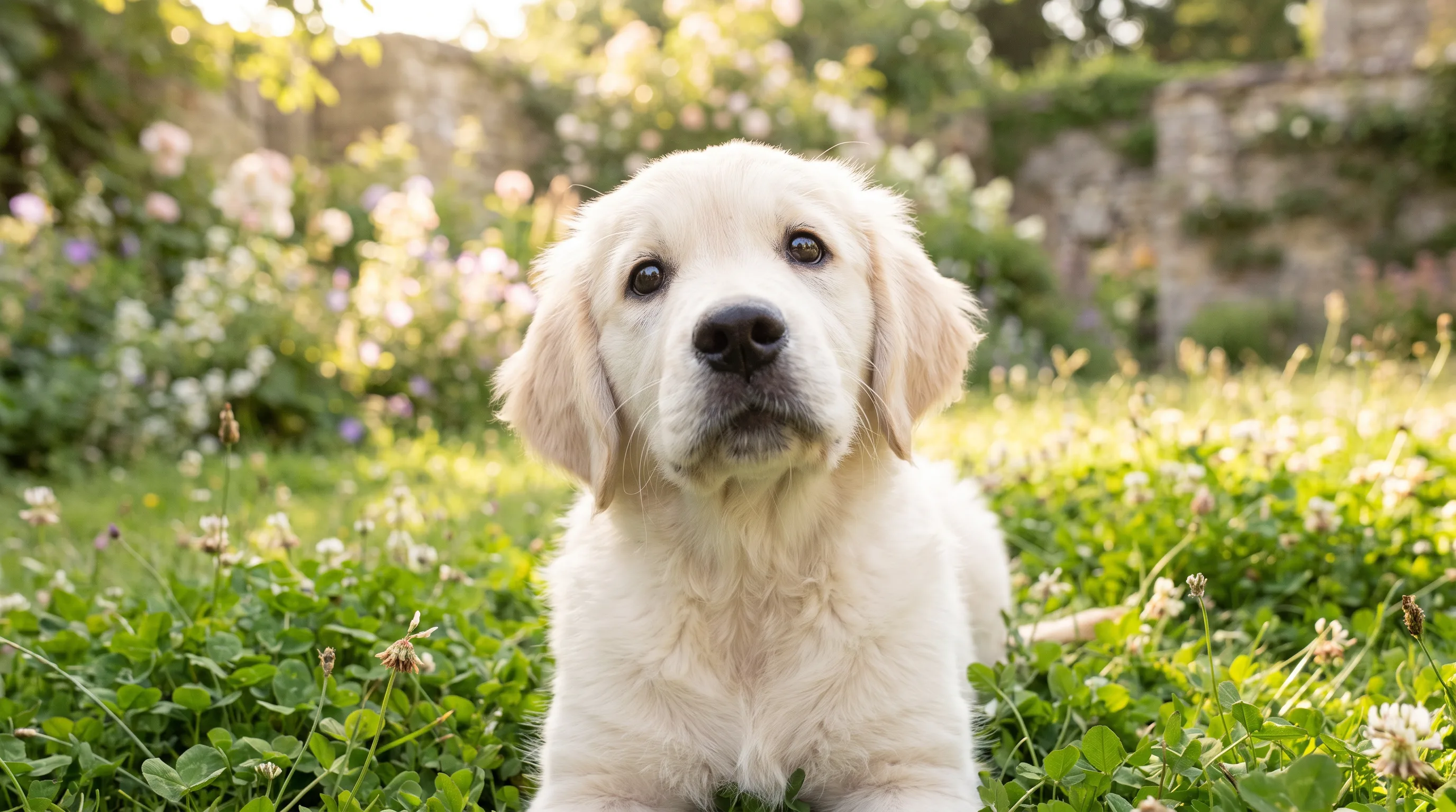 A young puppy sitting on grass looking up, at the start of its first year