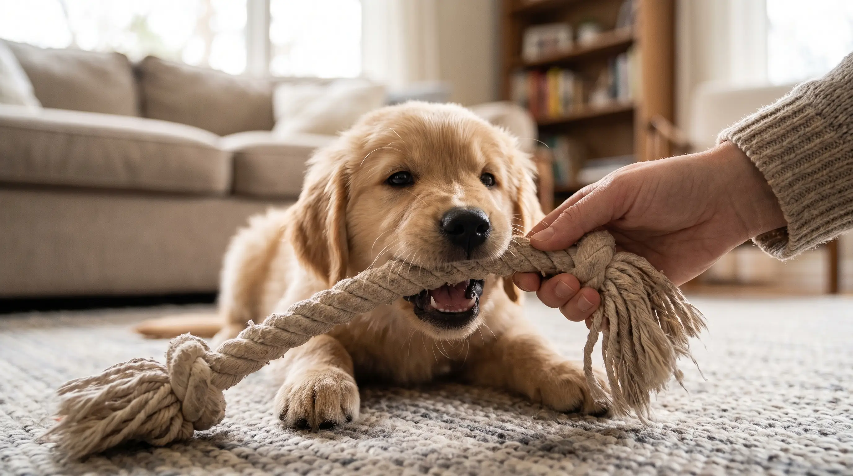 A puppy chewing a soft rope toy held by a person's hand during play