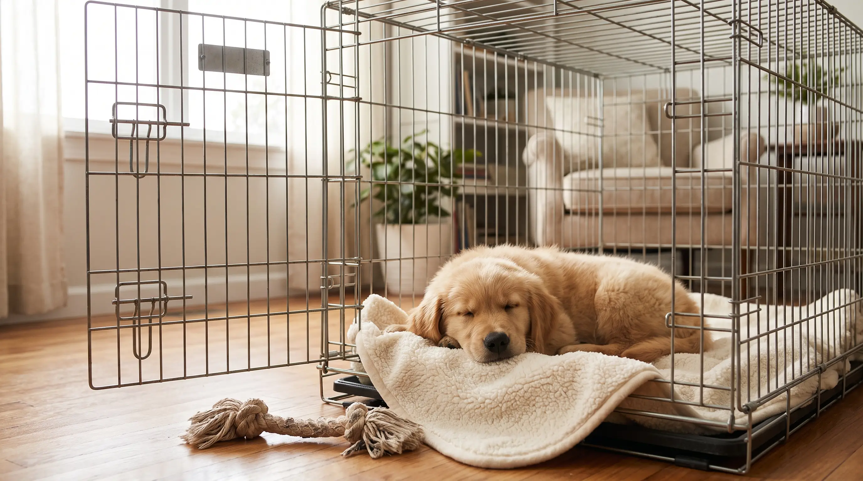 A puppy resting calmly inside an open wire crate lined with a soft blanket, door open