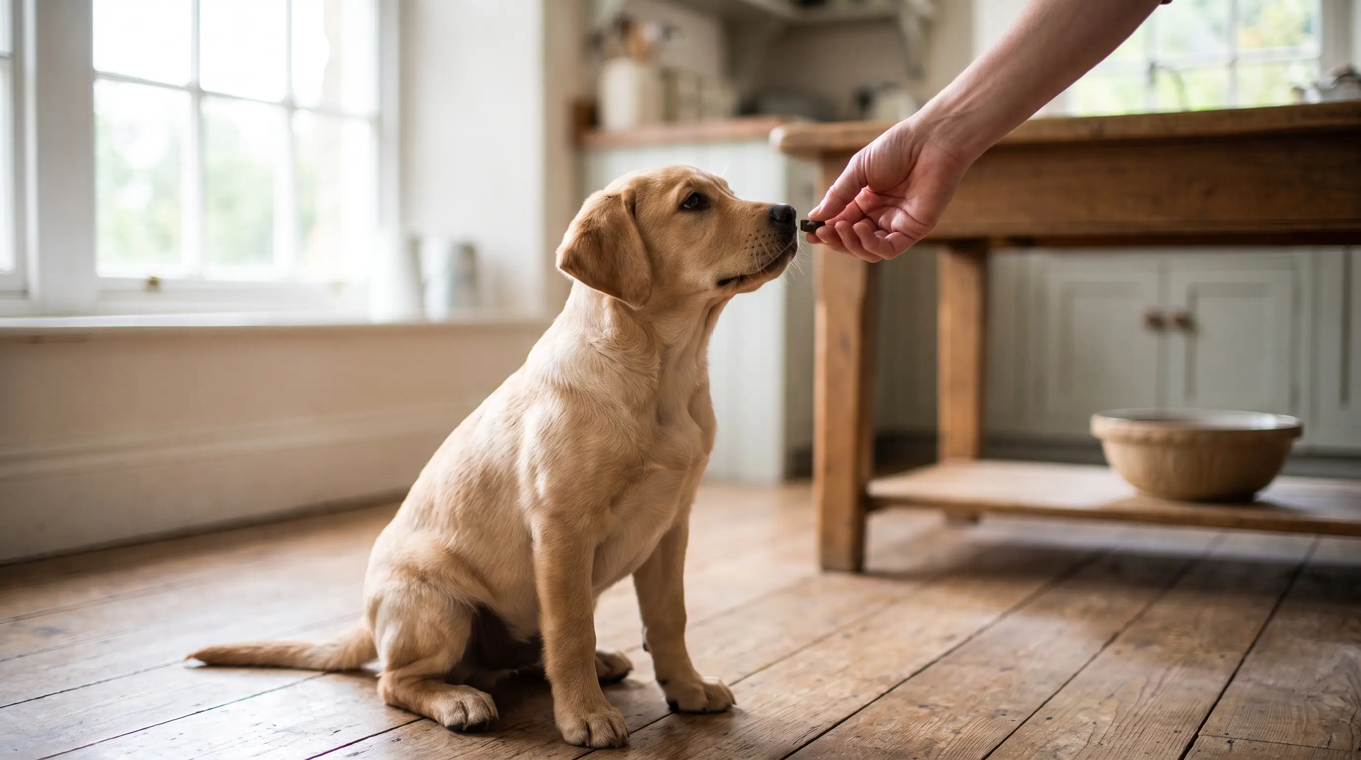 A young Labrador puppy sitting attentively on a kitchen floor while a person kneels and offers a small treat