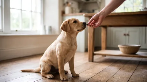 A young Labrador puppy sitting attentively on a kitchen floor while a person kneels and offers a small treat