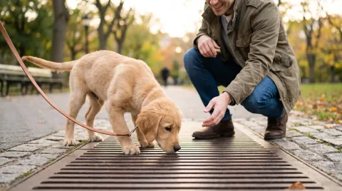 A puppy meeting a calm, gentle adult dog during a supervised socialisation session
