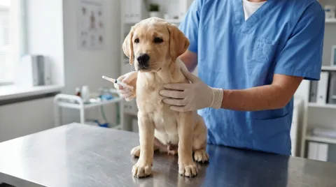 A young puppy sitting calmly on a stainless steel examination table while a veterinarian in scrubs prepares a vaccine