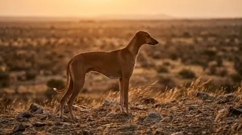 An Azawakh, a rare and slender African sighthound, standing alert in dry scrubland