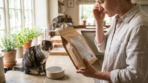 A person in a home kitchen turning a bag of kibble to read the small print on the back, a cat waiting by the bowl