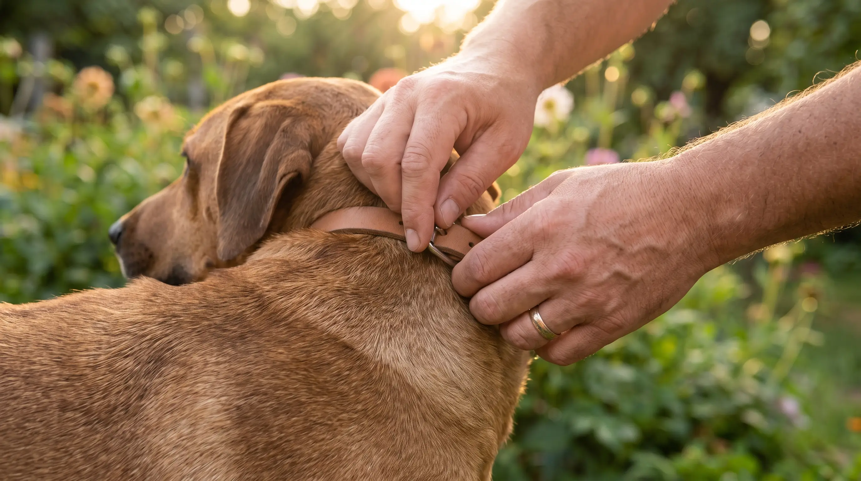 Gros plan sur les mains d’un maître qui referme un collier de protection uni autour du cou de son chien