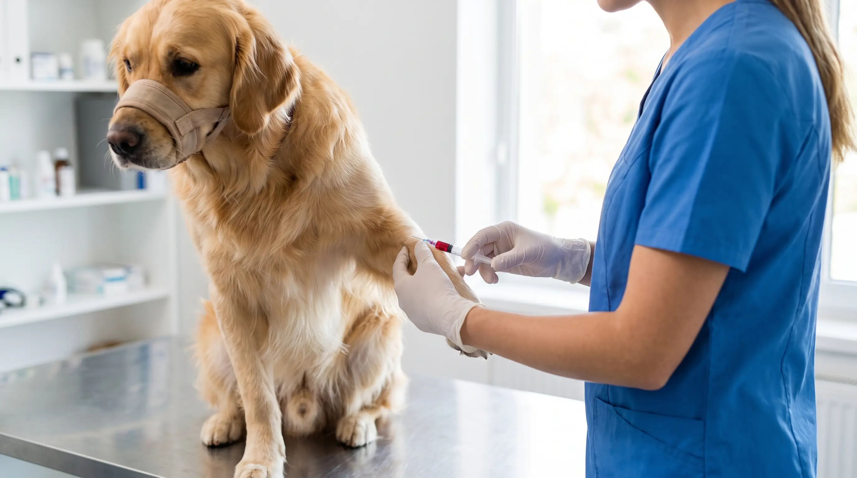 Vétérinaire prélevant un peu de sang sur la patte avant d’un chien calme pour un test de routine