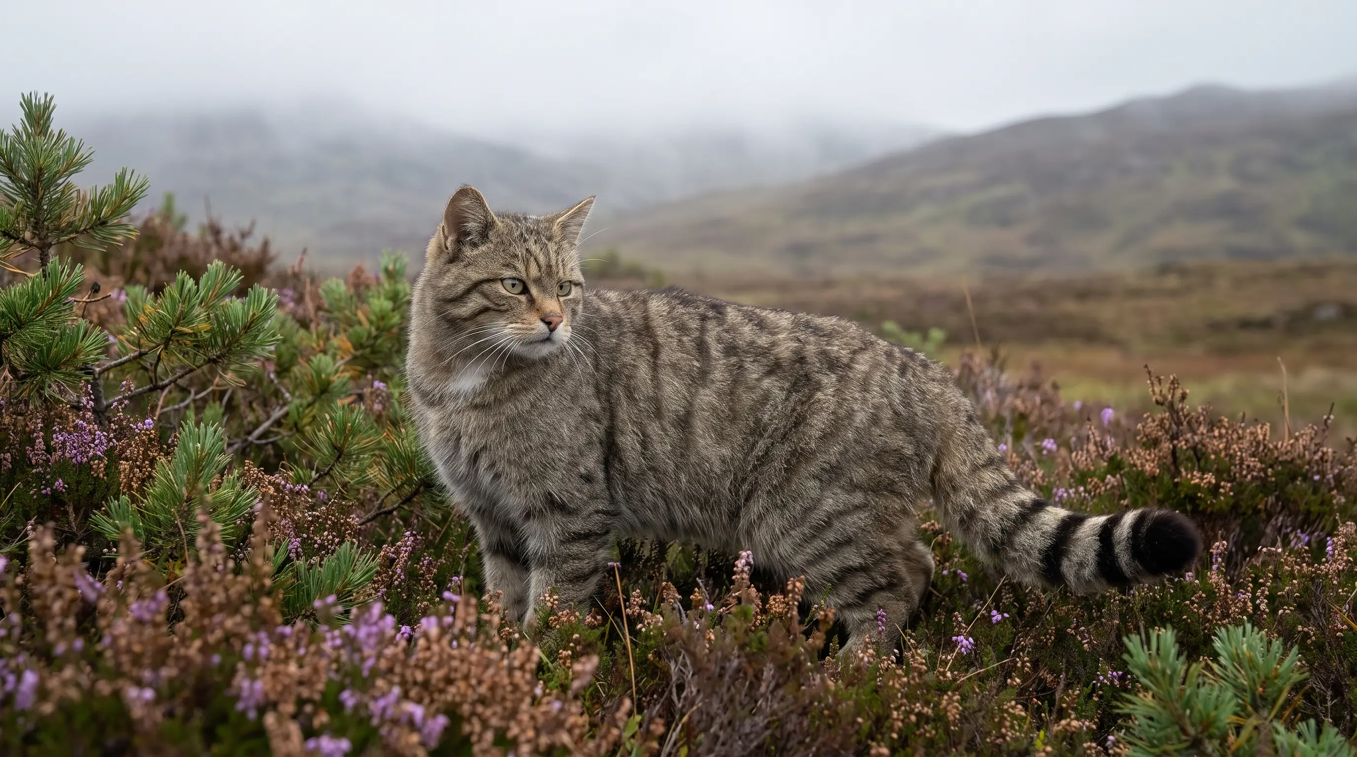 A Scottish wildcat in Highland woodland, broad-headed and heavily striped, its thick tail marked with black rings