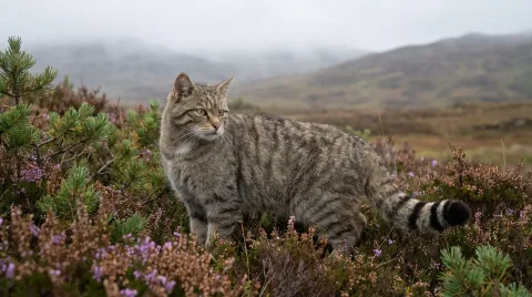A Scottish wildcat in Highland woodland, broad-headed and heavily striped, its thick tail marked with black rings