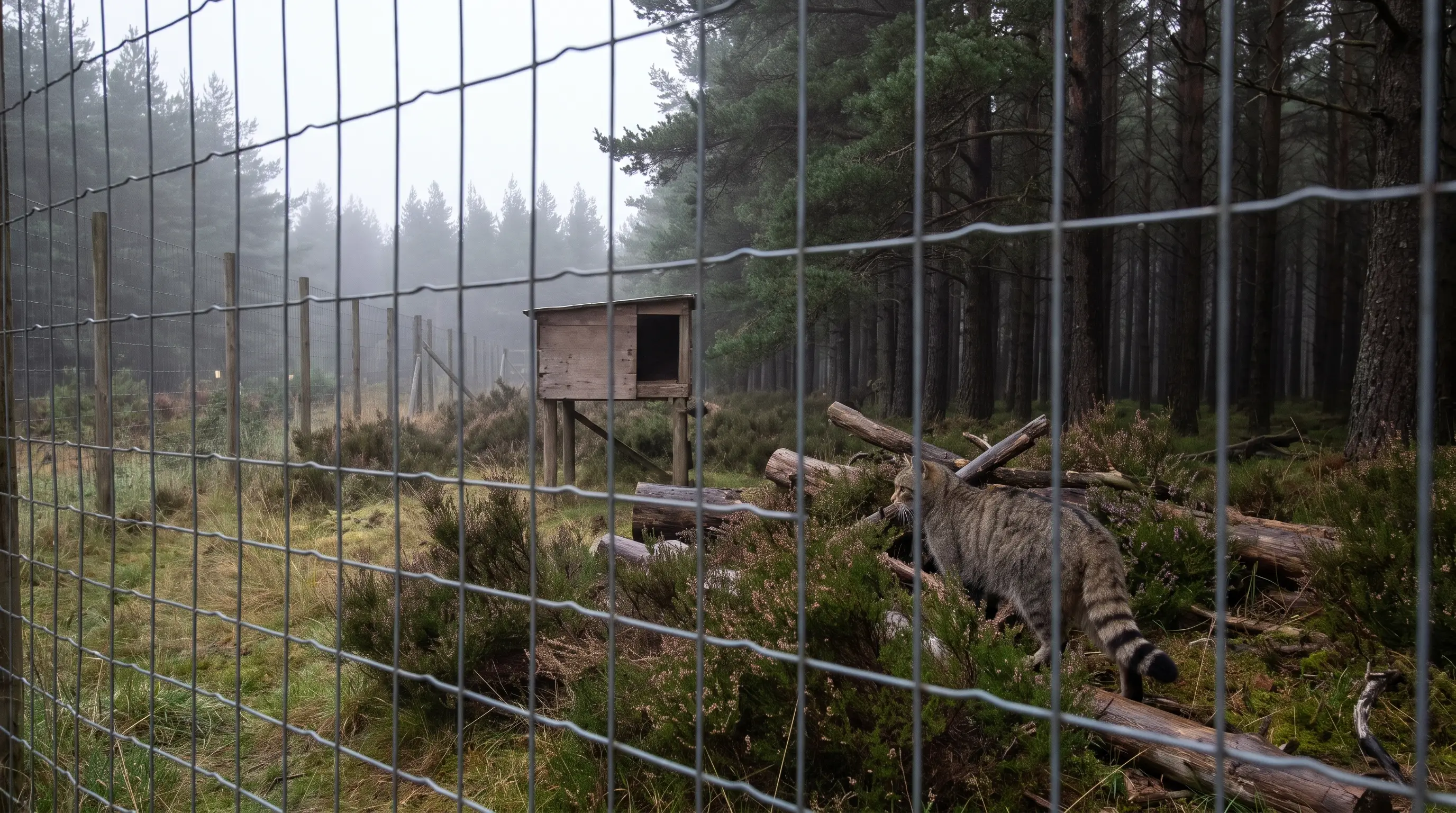 A large outdoor wildcat conservation-breeding enclosure in Scottish woodland, tall mesh fencing around native pine, log piles and heather, with a wooden den box raised on stilts