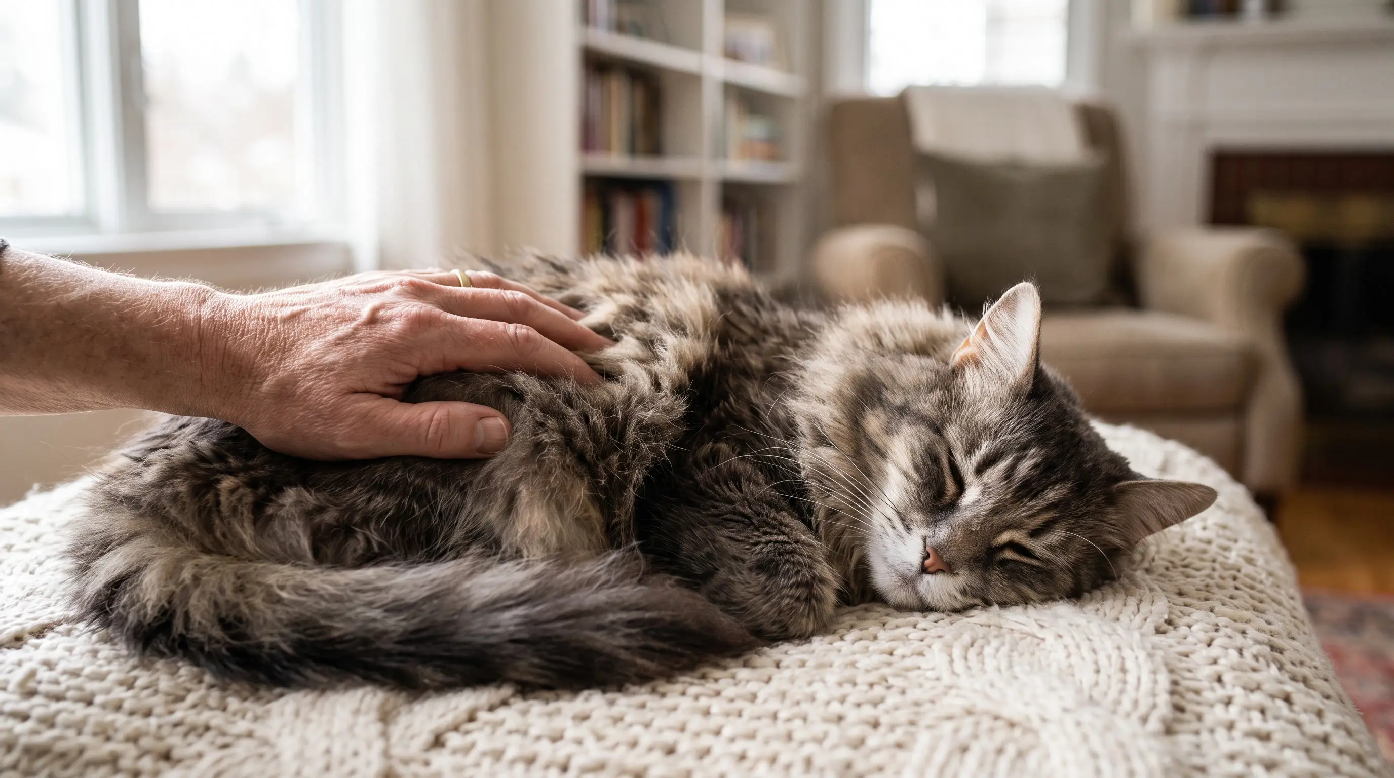 Hand, die eine alte langhaarige Katze mit graumeliertem Gesicht sanft bürstet, während sie auf einer Decke liegt