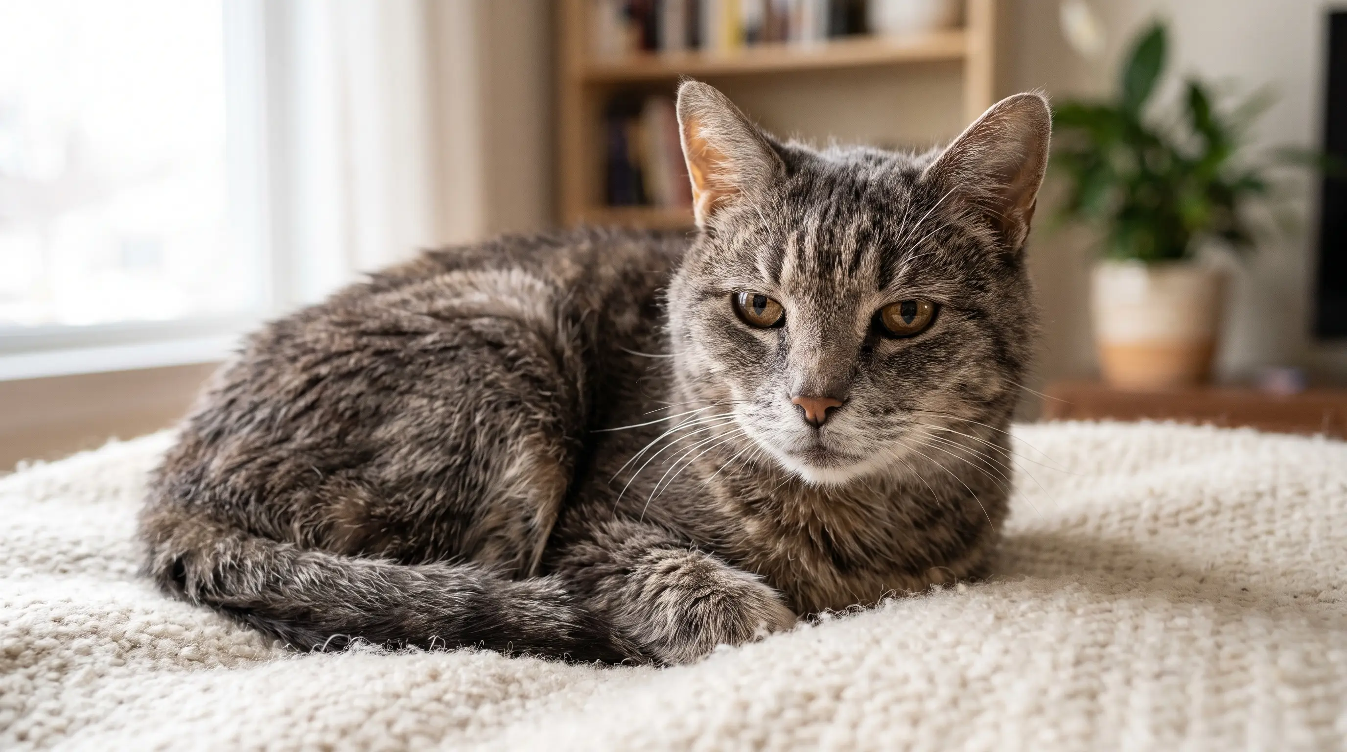 Elderly grey-muzzled tabby cat with calm amber eyes resting on a soft blanket in warm window light