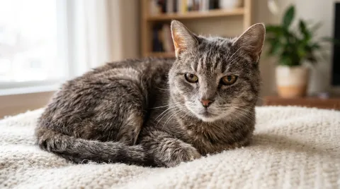 Elderly grey-muzzled tabby cat with calm amber eyes resting on a soft blanket in warm window light