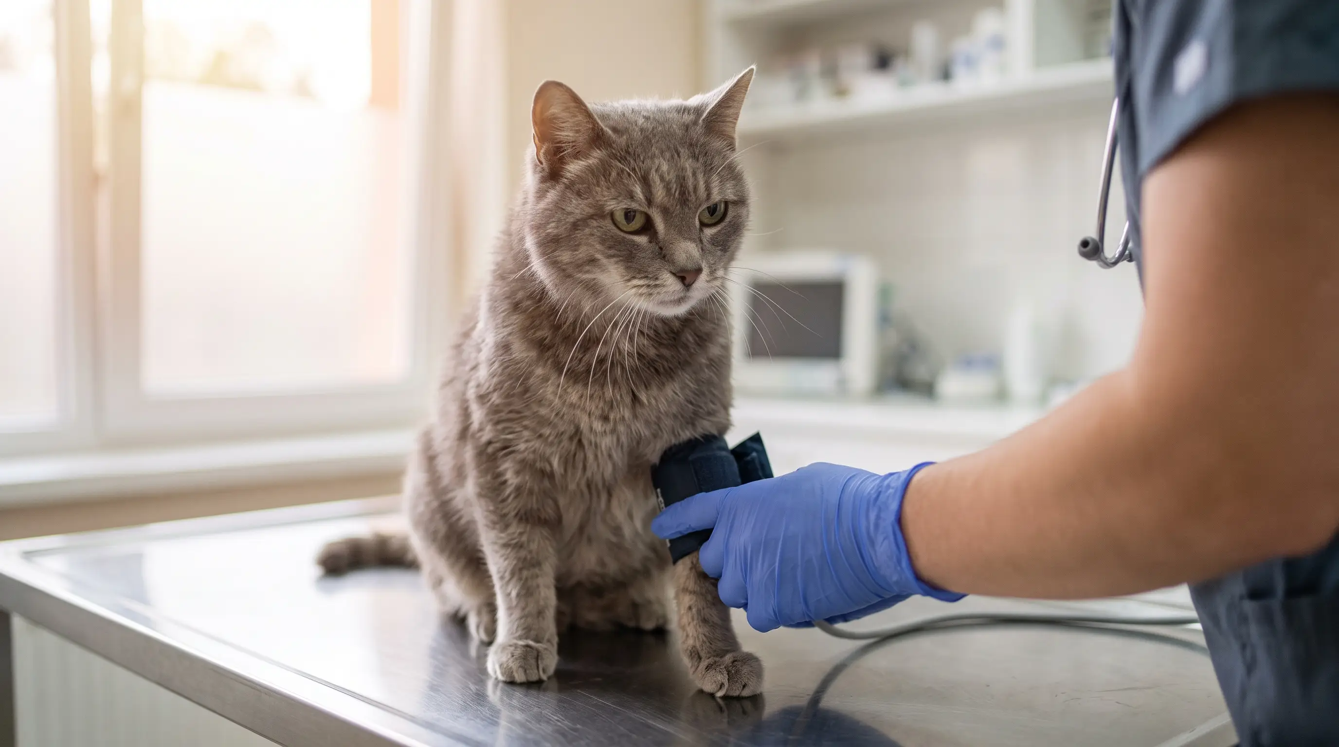 Ältere Katze auf einem Untersuchungstisch beim Tierarzt, eine Blutdruckmanschette um das Vorderbein gewickelt