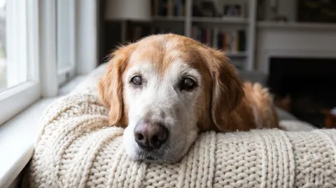 Close-up portrait of an old dog with a grey muzzle and calm, cloudy eyes resting on a blanket