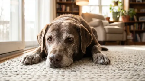 Grey-muzzled senior dog lying on a rug, looking up with tired eyes in soft window light