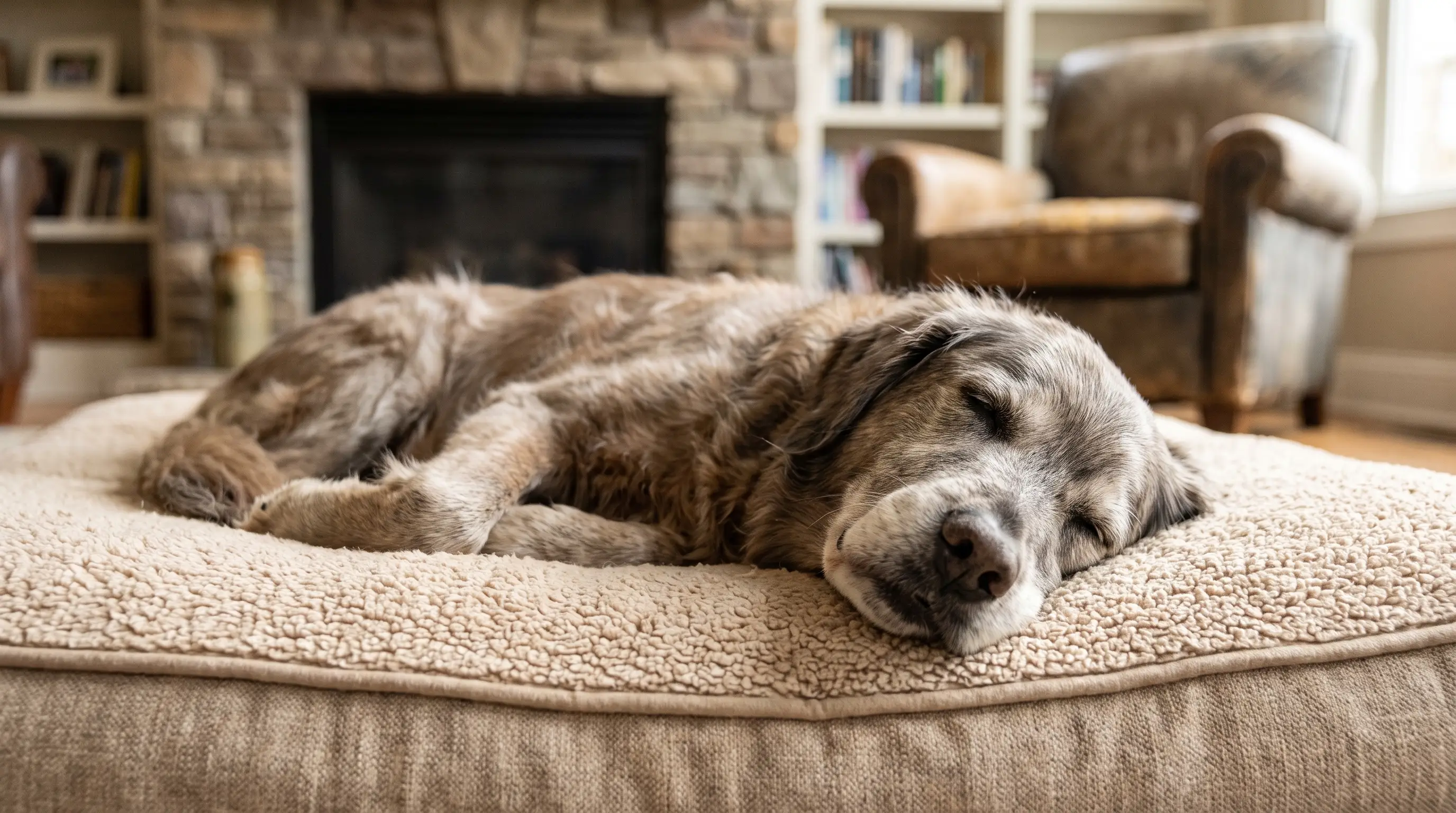 Cane anziano che dorme comodamente su una spessa cuccia ortopedica in memory foam