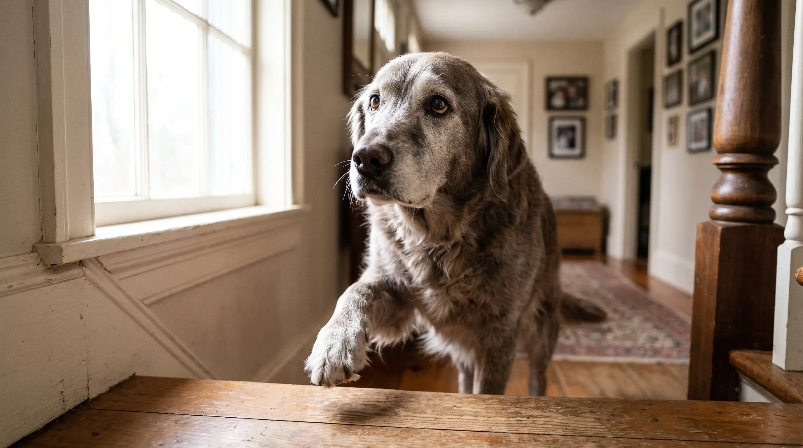 Cane dal muso brizzolato fermo ai piedi di una scala, che esita prima di salire