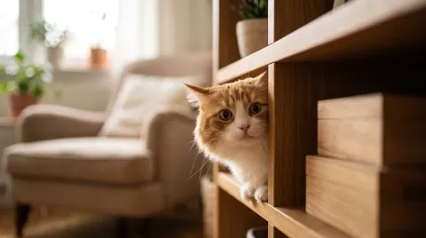 A timid tabby cat peeking cautiously out from behind furniture in soft light