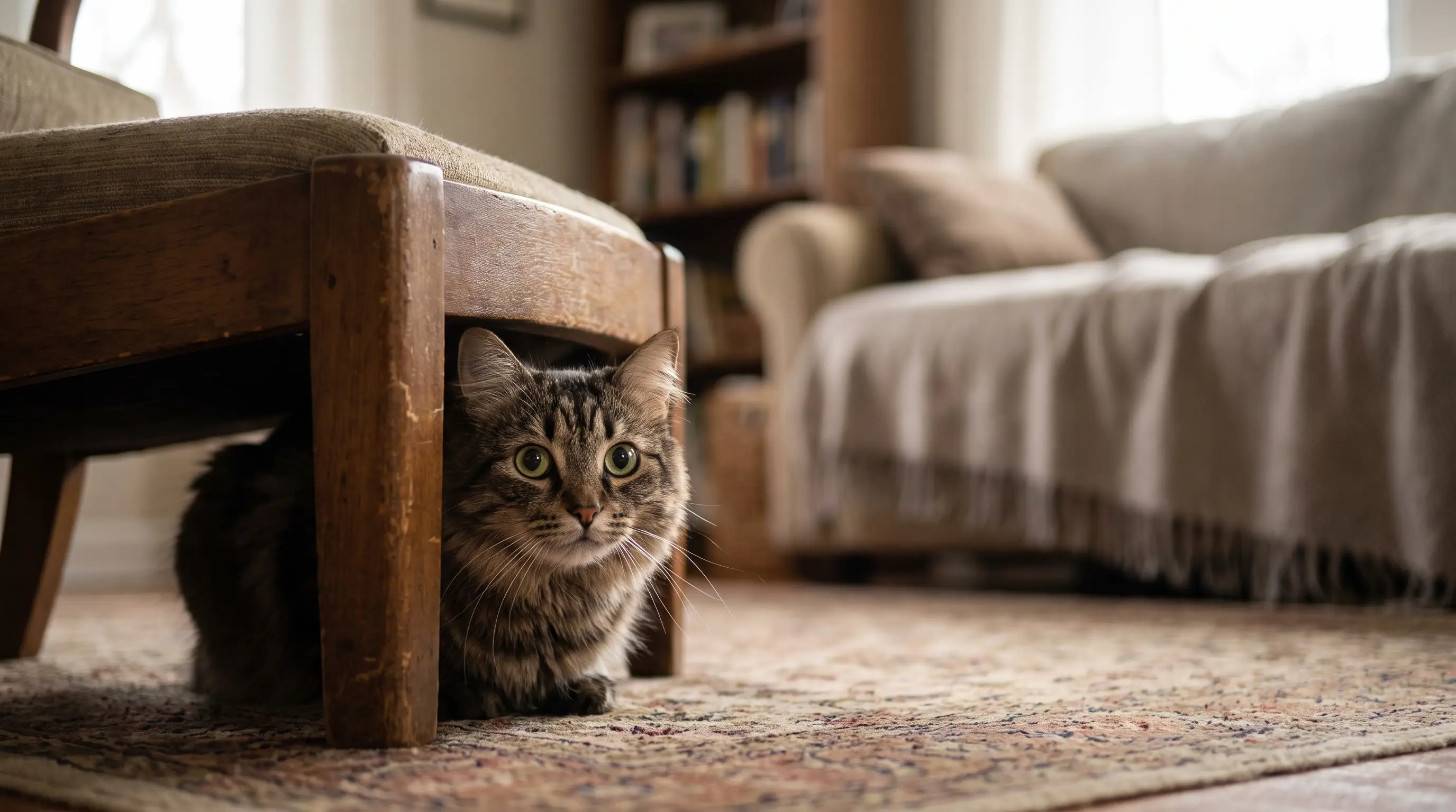 A nervous cat hiding under furniture with only its face and wide eyes visible in the shadow