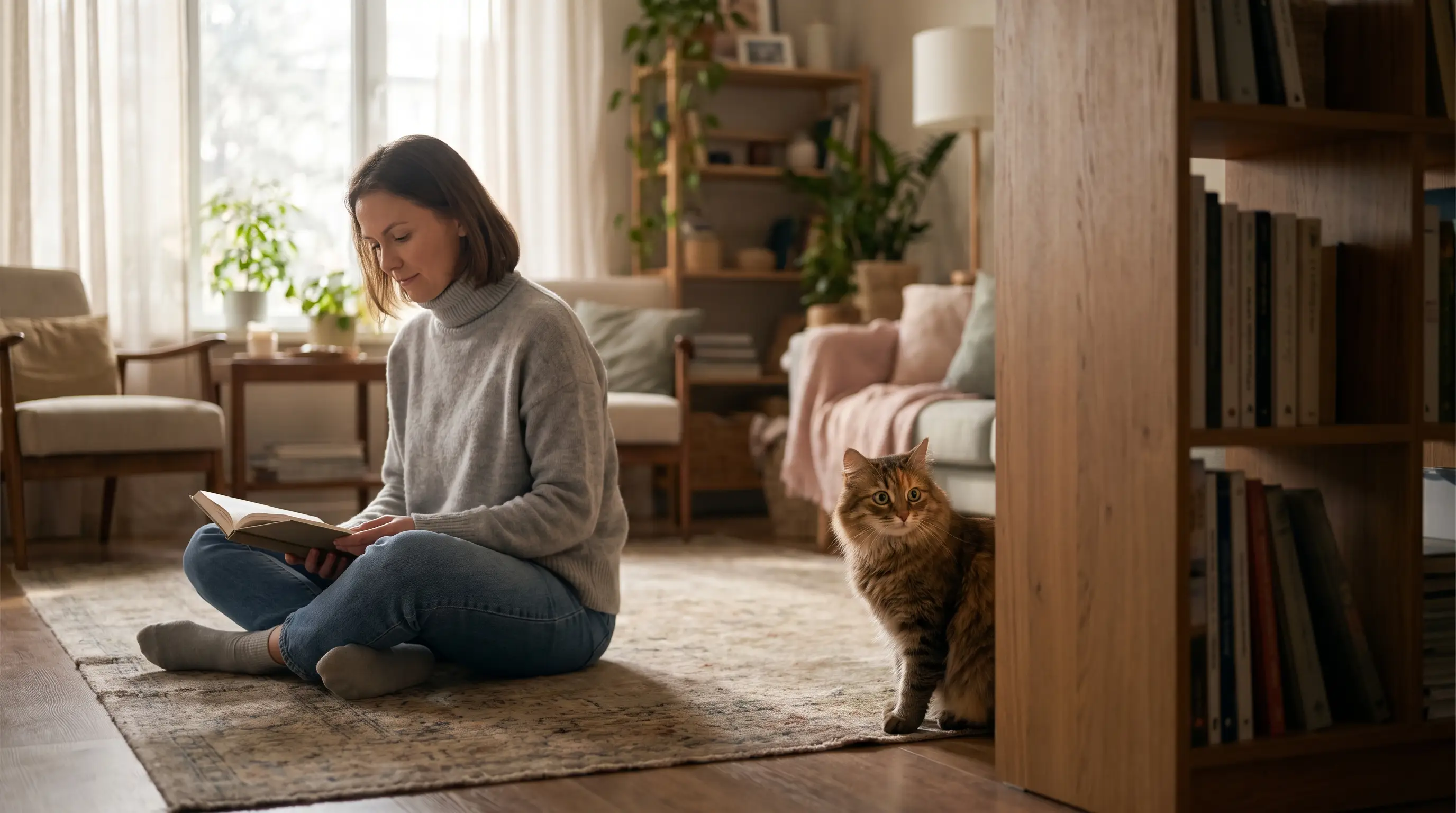 A person sitting calmly on the floor a little distance away from a cautious cat in a living room
