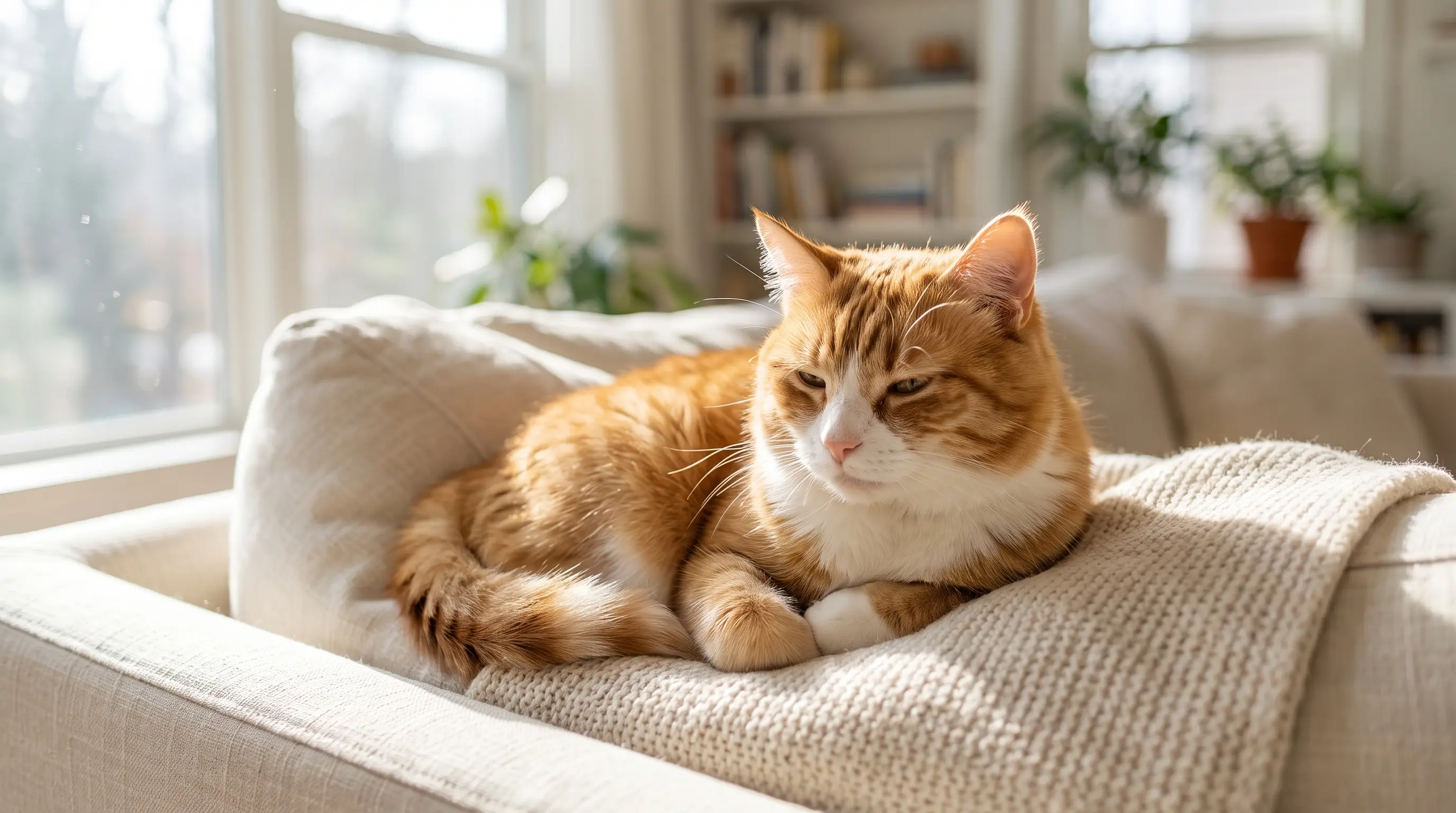 A relaxed, settled cat lounging confidently on a sofa at home