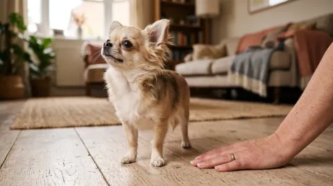 A tiny Chihuahua standing on a wooden floor beside a human hand for scale, looking up alertly
