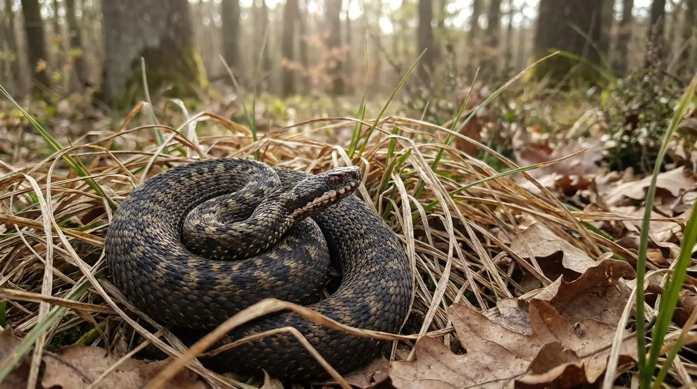 A European adder (Vipera berus) coiled and camouflaged among dry grass and fallen leaves in woodland