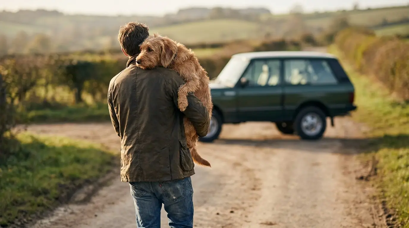 A person carrying a calm dog across a rural path toward a parked car, rather than letting it walk