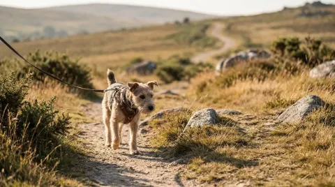 A terrier on a lead walking cautiously along a sunlit countryside path through dry grass, scrubland and rocks