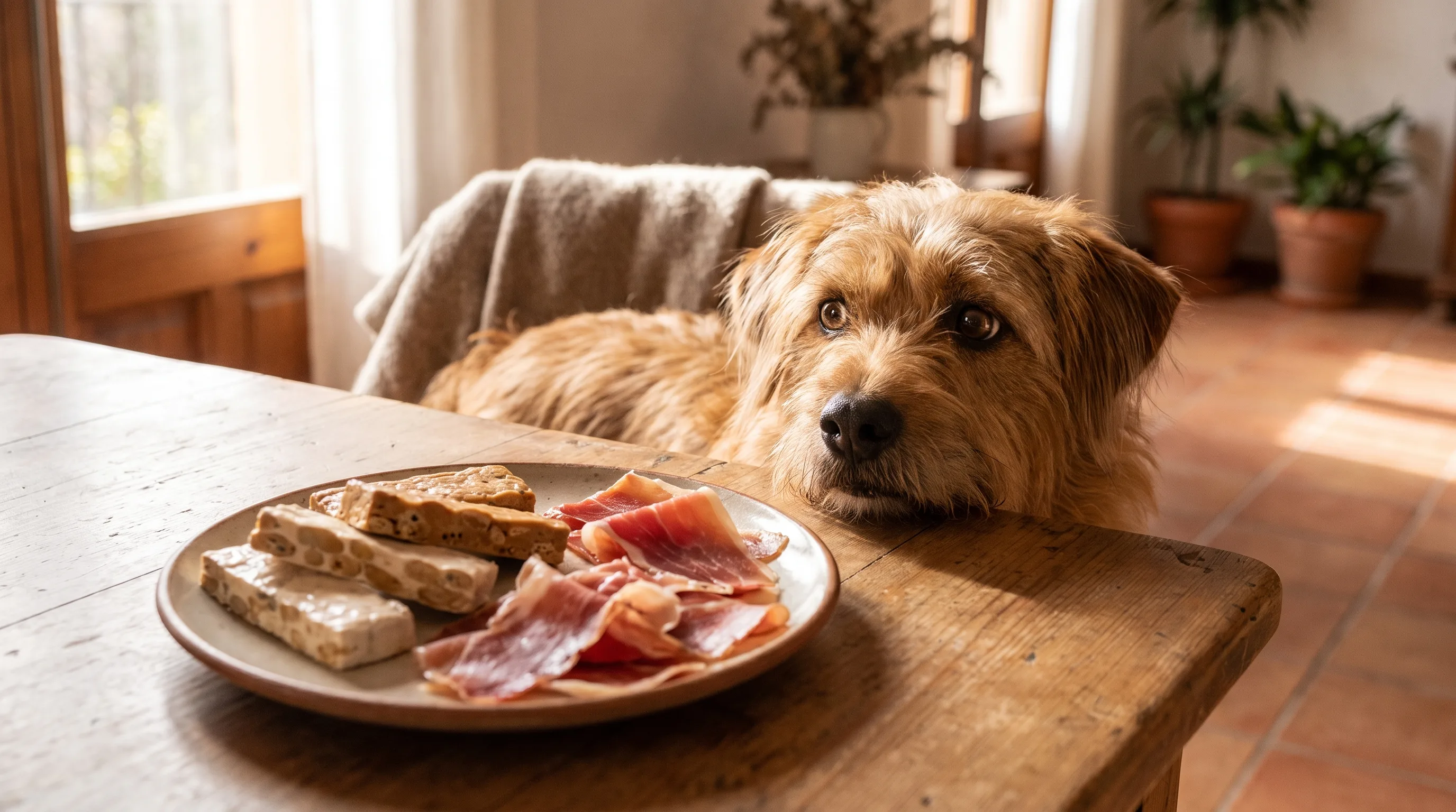 A dog looking up at a plate of turrón and jamón on a Spanish table