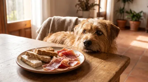 A dog looking up at a plate of turrón and jamón on a Spanish table