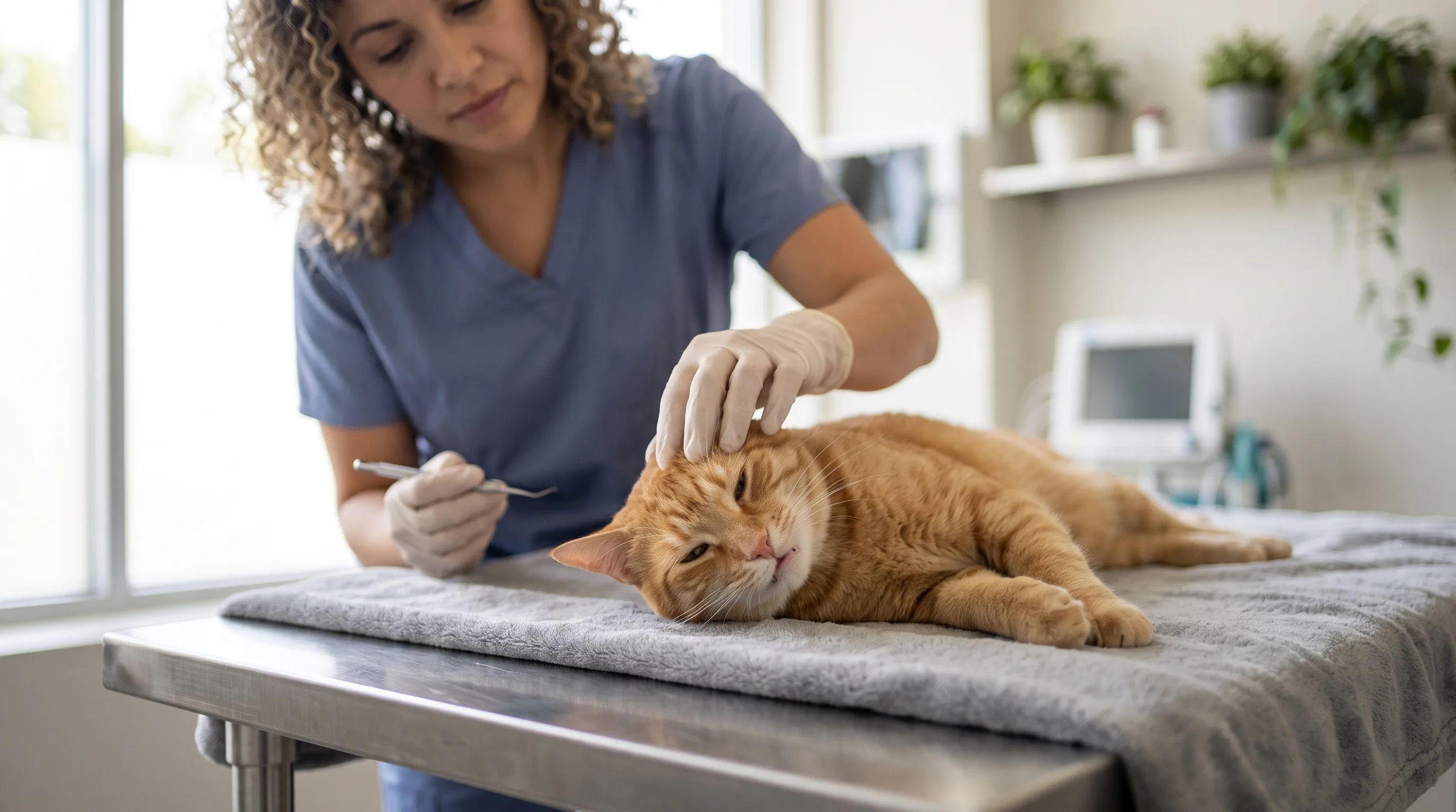 A vet gently examining a relaxed ginger cat lying on a clinic table, dental instrument in hand
