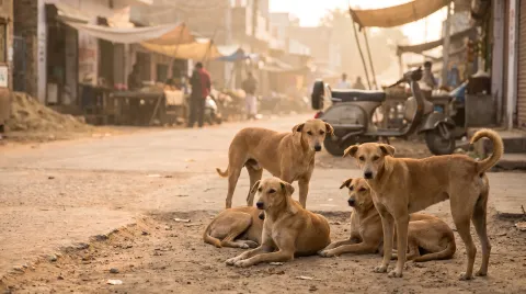 A loose pack of medium-sized tan free-ranging village dogs on a dusty market street in warm golden-hour light