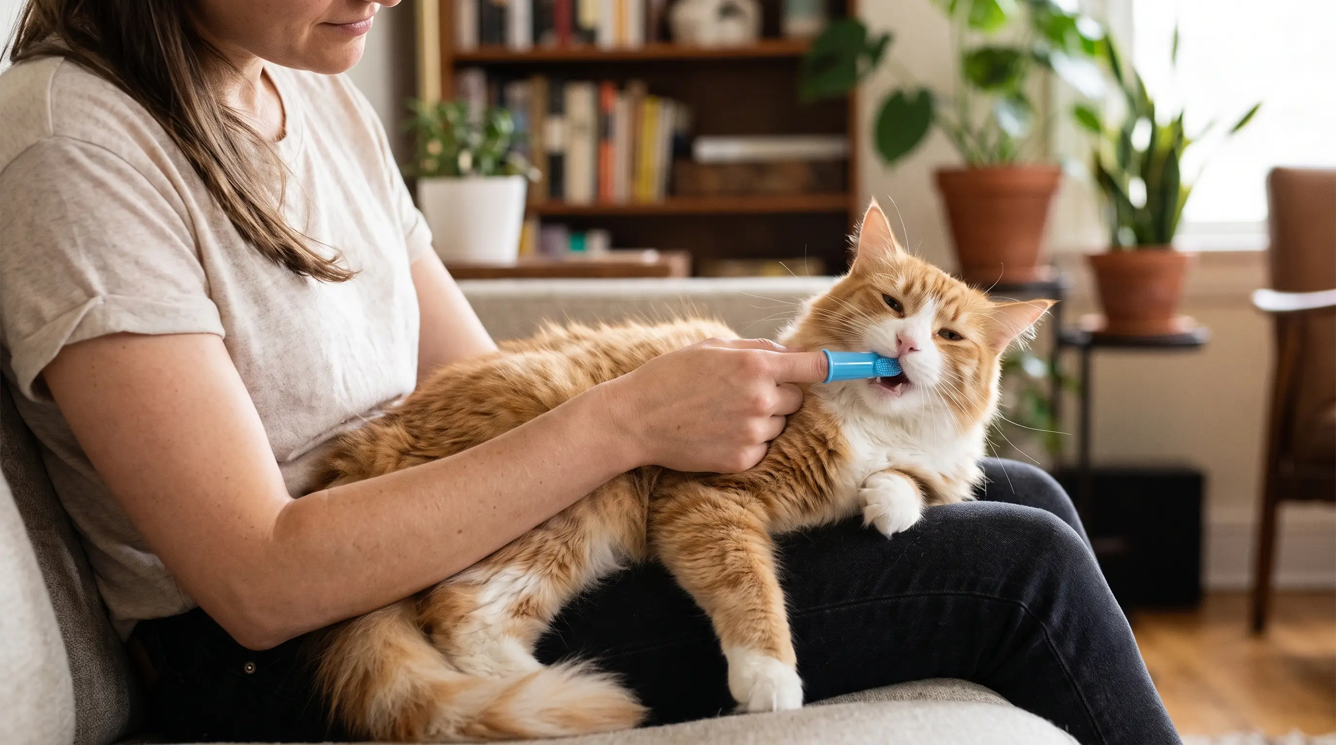 Eine Person putzt einer Katze mit einer kleinen Tierzahnbürste die Zähne