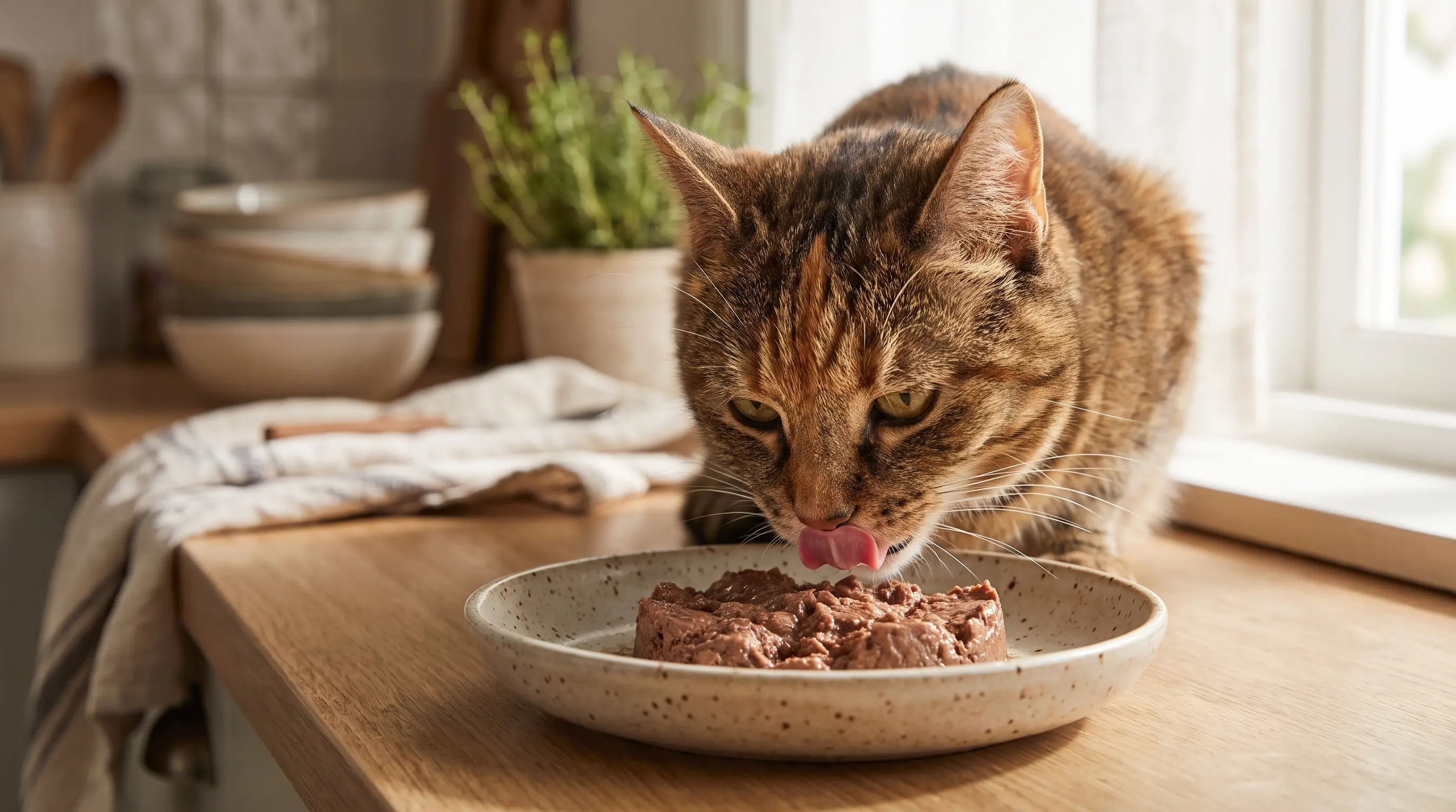 Nahaufnahme einer Katze, die feuchtes Futter in Pastetenform aus einem Keramiknapf frisst