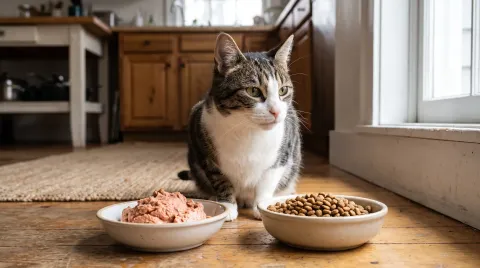 A domestic cat sitting between a bowl of wet pâté food and a bowl of dry kibble on a kitchen floor