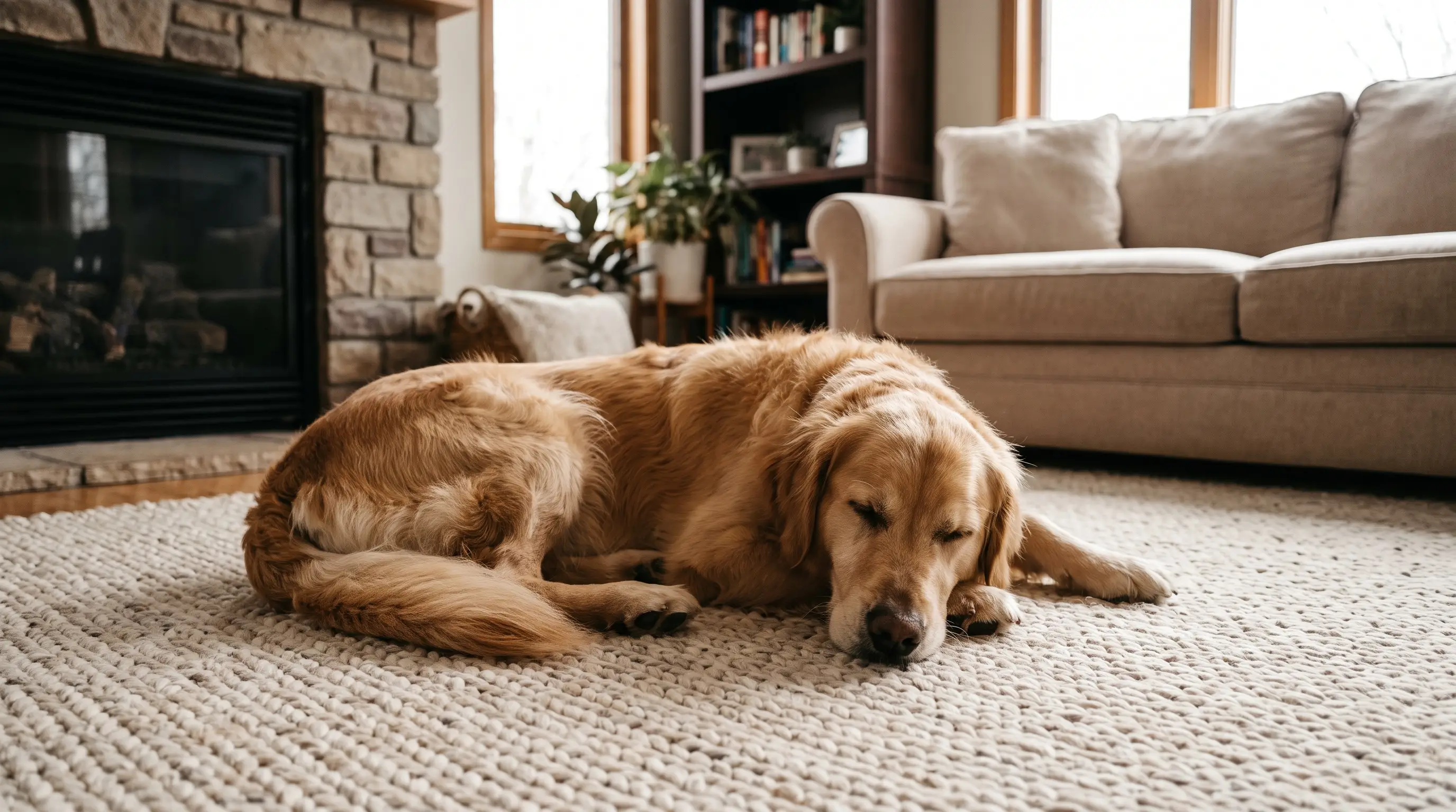 A relaxed adult dog resting contentedly on a rug indoors