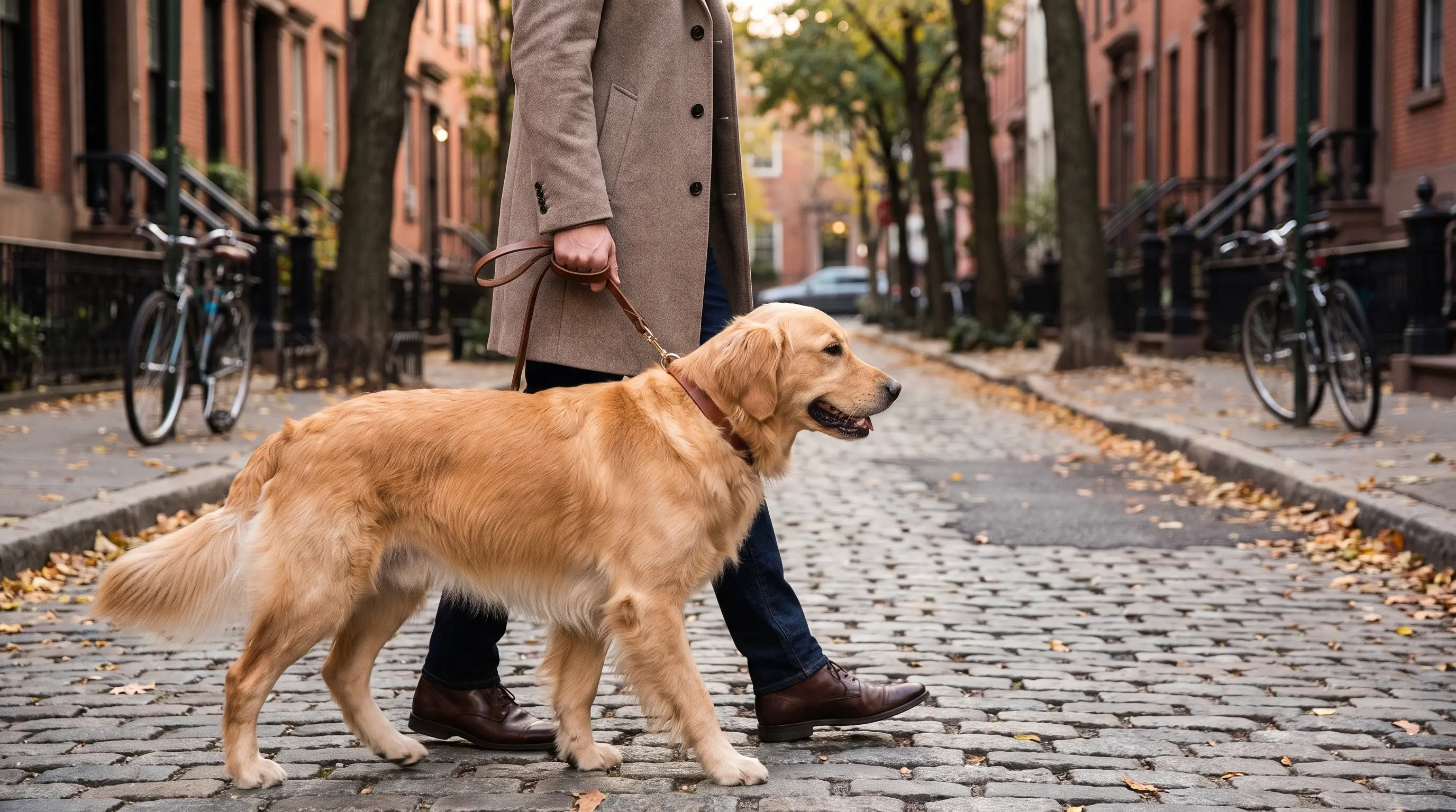 An adult dog walking calmly on a lead beside its owner