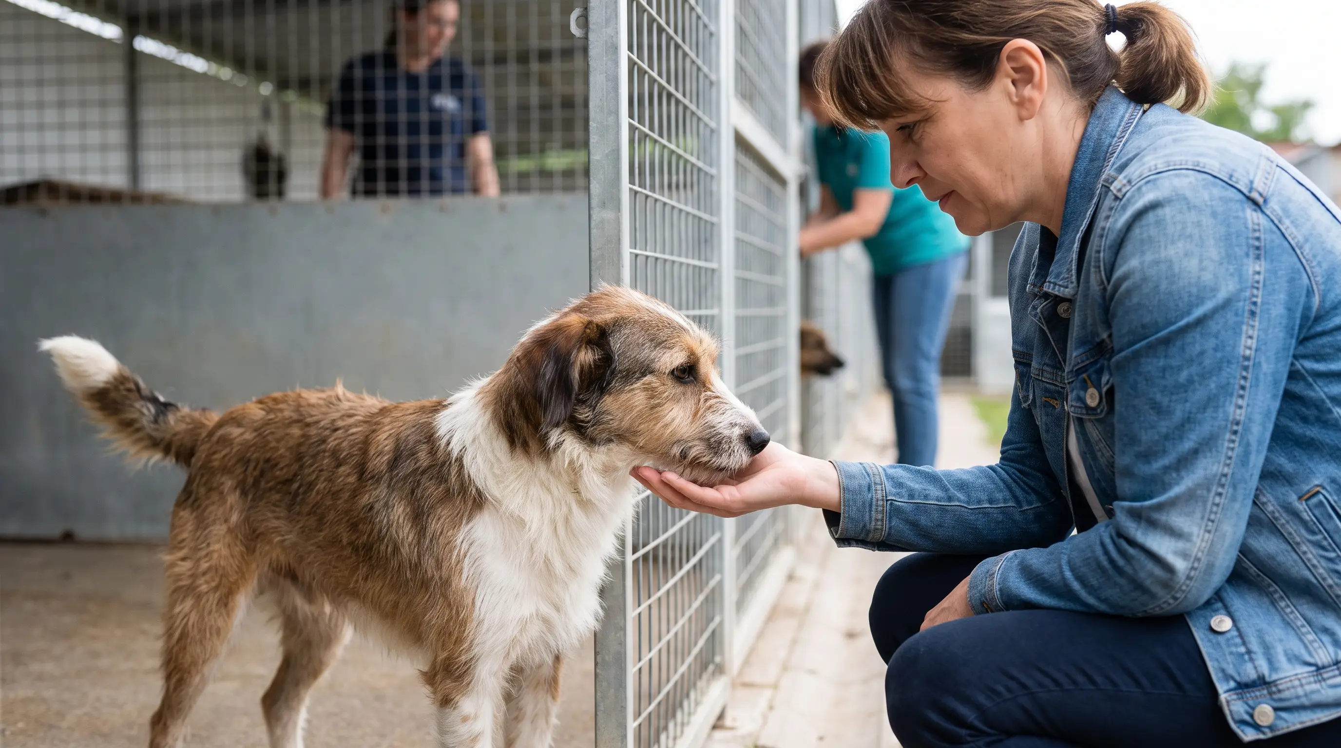 An adult dog being gently greeted by a new owner at an animal shelter