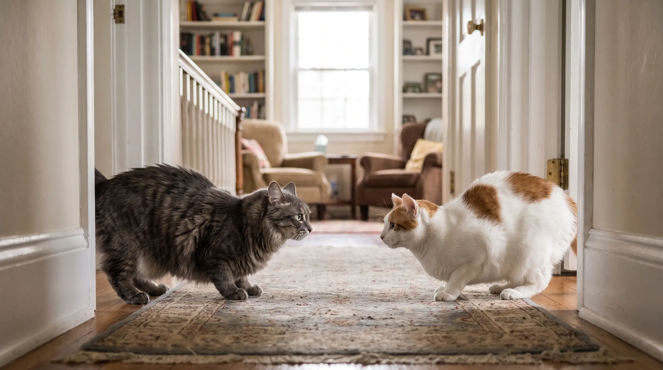 Two cats in a tense standoff in a hallway, a grey tabby and a ginger and white cat facing each other, stiff and staring