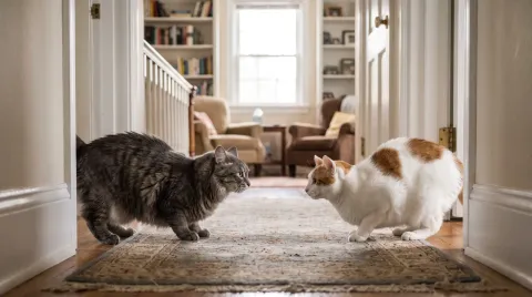 Two cats in a tense standoff in a hallway, a grey tabby and a ginger and white cat facing each other, stiff and staring